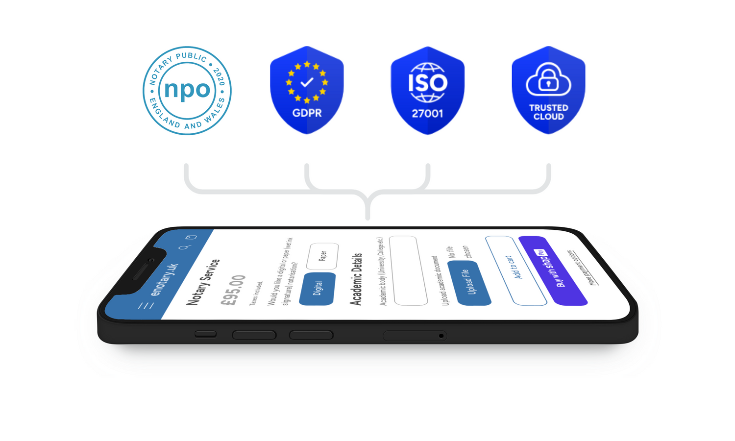 Smartphone displaying an enotary purchase webpage with security credentials