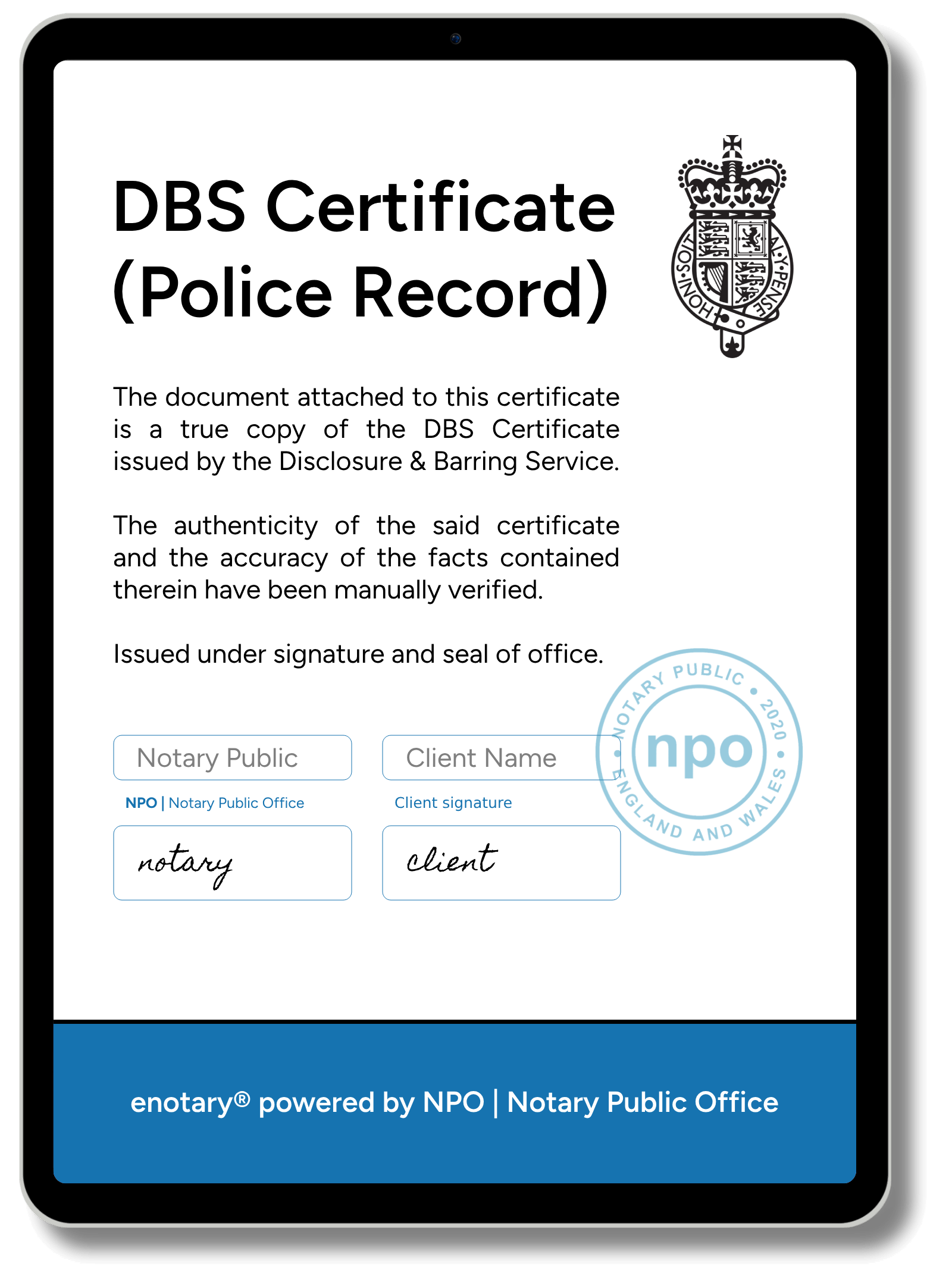 Notarised DBS Certificate from enotary displayed on a tablet screen