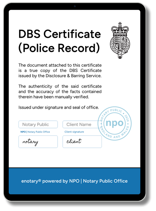 Notarised DBS Certificate from enotary displayed on a tablet screen