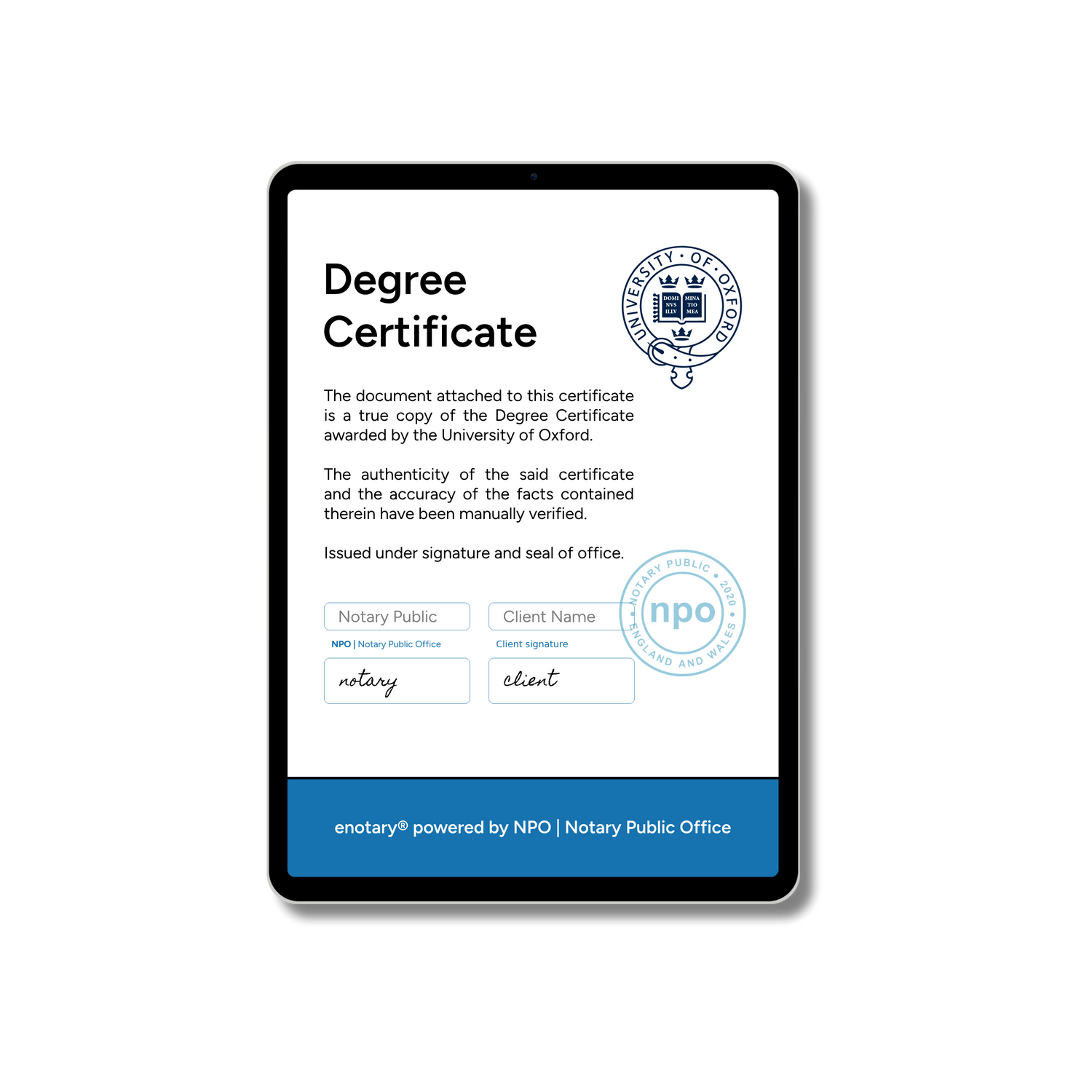 Notarised Degree Certificate from enotary displayed on a tablet screen