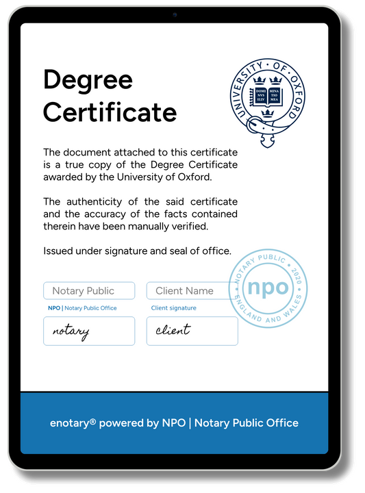 Notarised Degree Certificate from enotary displayed on a tablet screen