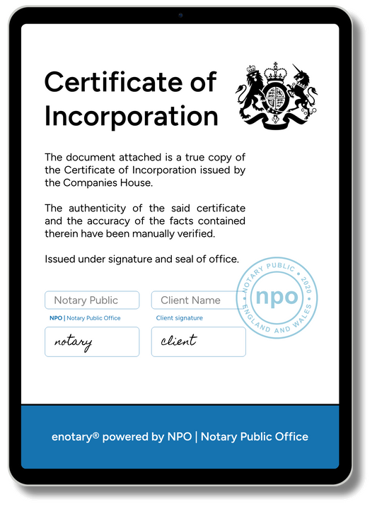 Notarised Certificate of Incorporation from enotary displayed on a tablet screen