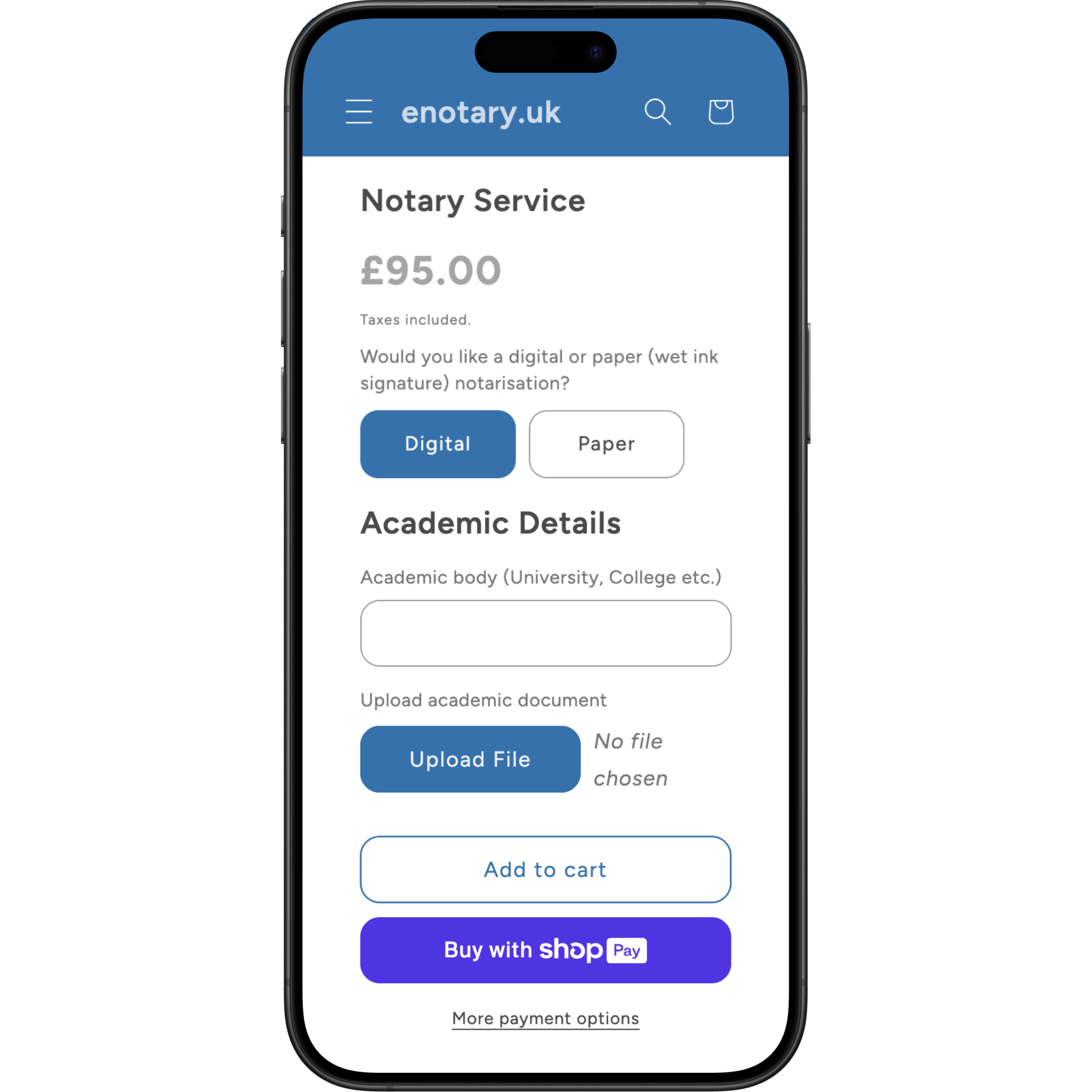 Smartphone displaying an enotary purchase webpage with pricing and options