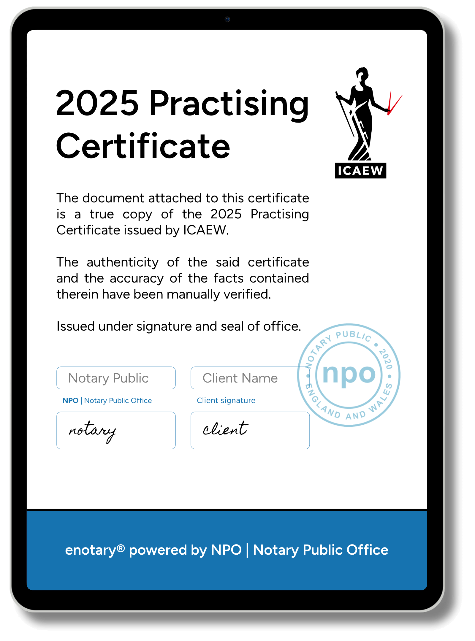 Notarised ICAEW 2025 Practising Certificate from enotary displayed on a tablet screen