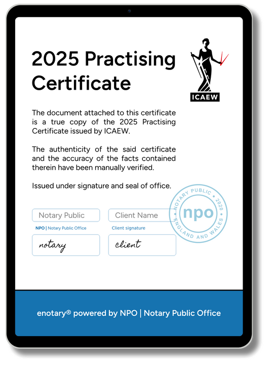 Notarised ICAEW 2025 Practising Certificate from enotary displayed on a tablet screen
